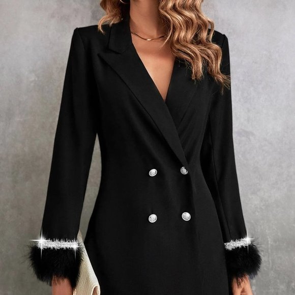 Double Breasted Fuzzy Cuff Blazer Dress black - Picture 2 of 5